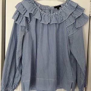 J Crew blue and white stripe ruffle shirt